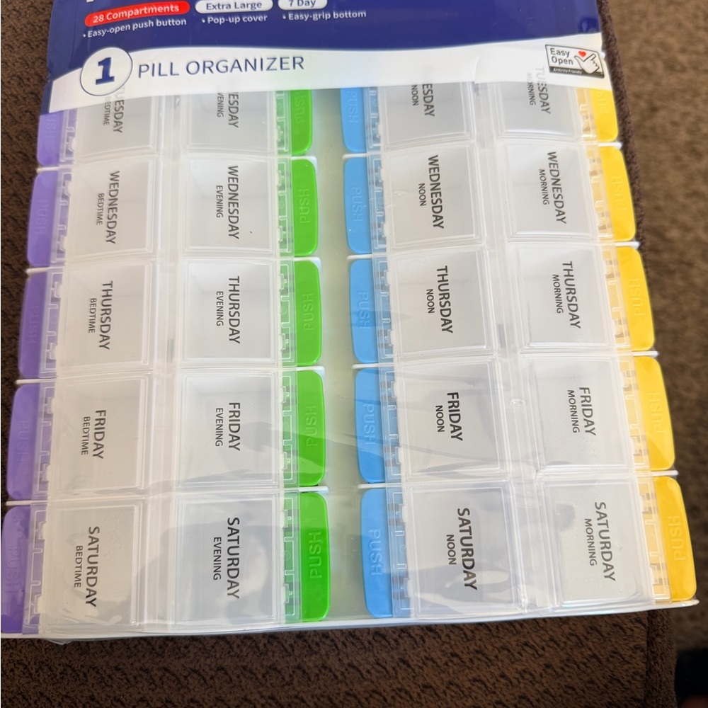 Multi-Color‎ Weekly 28-Compartment Pill Organizer - Blue/Green/Yellow/Purple